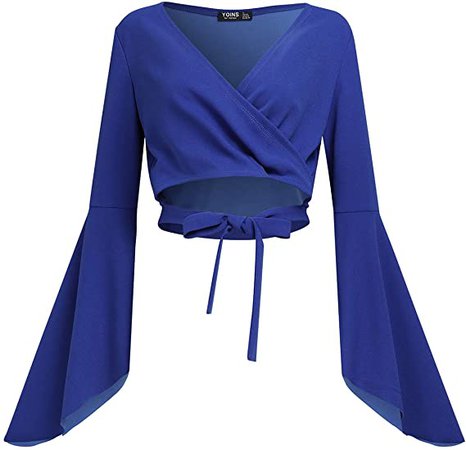 Women's Long Sleeved Floral Top - Bell Sleeves / Blue