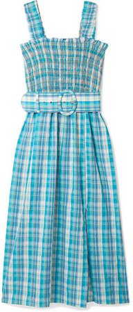 Belted Shirred Checked Cotton-muslin Midi Dress - Blue