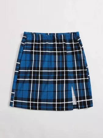 Split Hem Plaid Skirt | SHEIN USA blue