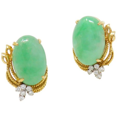 Vintage Estate GIA Certified Jade G/VS Diamond Large Stud Earrings