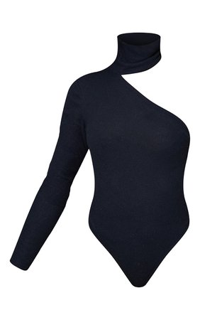 Black Brushed Rib High Neck Cold Shoulder Bodysuit | PrettyLittleThing USA