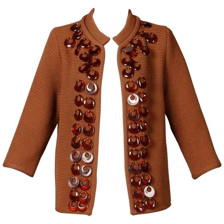 1960s Vintage Ethel Beverly Hills Brown 100% Wool Knit Rings Cardigan Sweater For Sale at 1stdibs