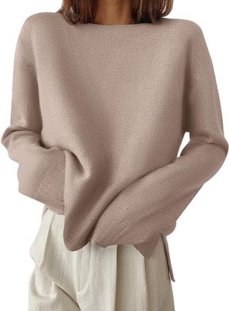 ZESICA Women's 2024 Fall Long Sleeve Crew Neck Soft Knit Side Slit Comfy Loose Pullover Sweater Jumper Tops at Amazon Women’s Clothing store