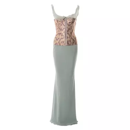 John Galliano teal bias cut silk evening dress with brocade corset, ss 2003 For Sale at 1stDibs