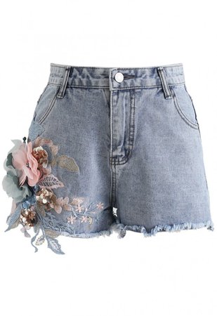 Cropping Up Floral Embroidered Denim Shorts - Retro, Indie and Unique Fashion