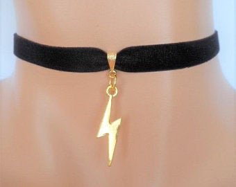 Black Ribbon Choker With Gold Lightning Bolt Charm