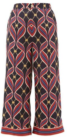 Gg Ribbon Print Silk Wide Leg Trousers - Womens - Navy Multi