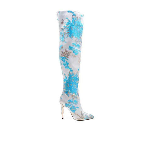 Blue and White Floral Over the Knee Boots