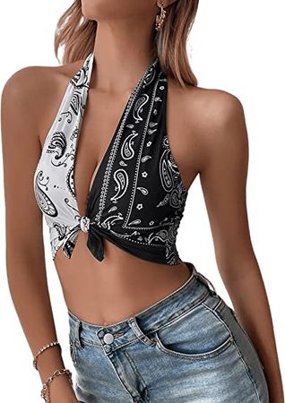 SOLY HUX Women's Color Block Paisley Print Halter Tie Front Backless Cami Crop Top Black White S at Amazon Women’s Clothing store