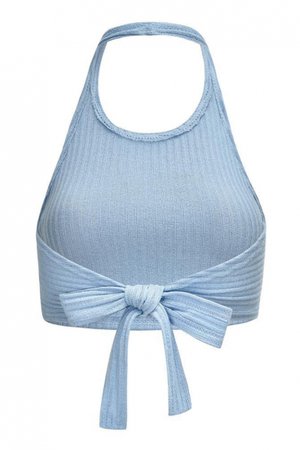 Light Blue Halter Neck Crop Top with Ribbing and Bow on Back