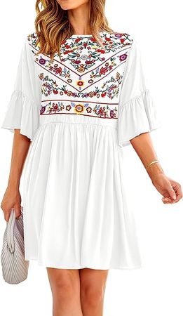 KIRUNDO 2023 Women's Bell Sleeve Floral Embroidered Mini Dress Boho Casual Loose Round Neck Flowy Short Dresses(White, Medium) at Amazon Women’s Clothing store