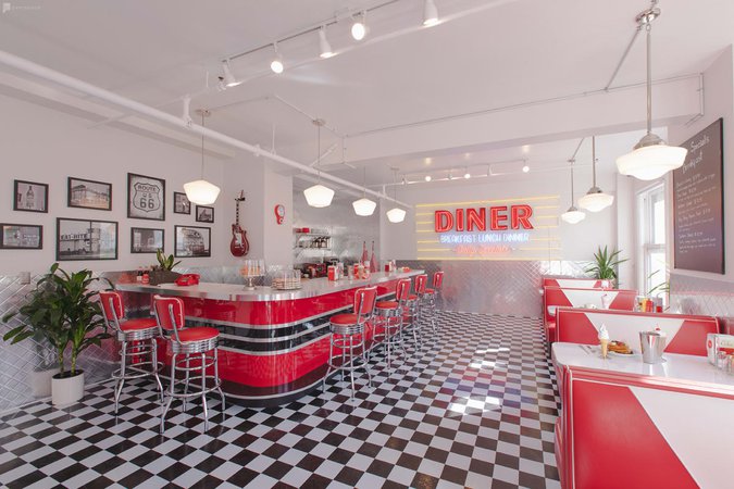 Spacious Downtown Sun Drenched 50s Retro Neon Diner Restaurant Cafe Studio with New York Style City View DTLA, Los Angeles, CA | Event | Peerspace