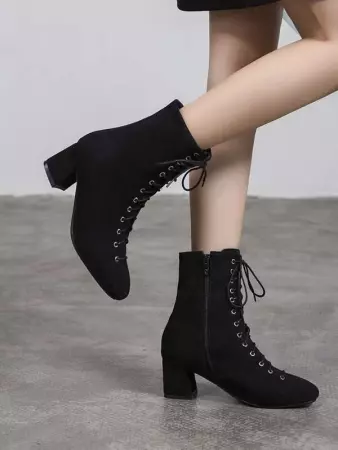 Suedette Lace-up Front Square Toe Chunky Heeled Classic Boots | SHEIN USA