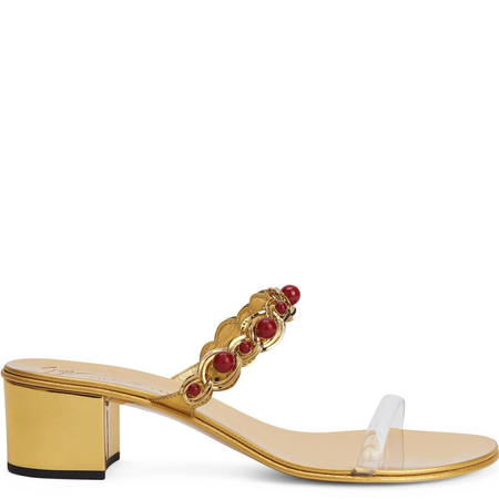 gold sandals with red gems