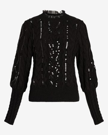 Sequin Cable Knit Tulle Neck Sweater | Express