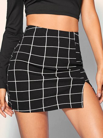 Split Front Grid Skirt | SHEIN
