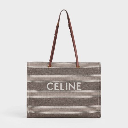 Squared Cabas Celine in Striped Jacquard and Calfskin - Brown|Grey | CELINE