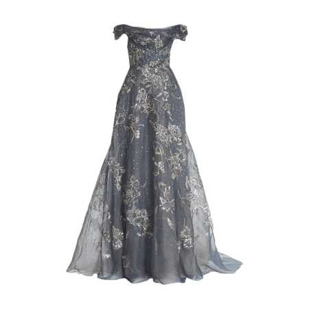 Blue/Grey & Silver Off Shoulder Evening Gown