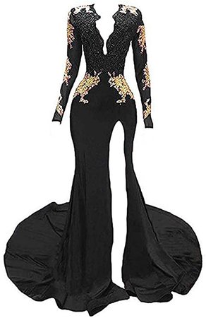 Amazon.com: Women's V-Neck Mermaid Long Sleeves Prom Gown Gold Appliques Split Evening Party Dress PM70 Black Custom Size: Clothing