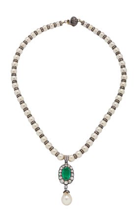 18k Yellow Gold Pearl, Emerald & Diamond One Of A Kind Necklace With Sterling Silver By Amrapali | Moda Operandi
