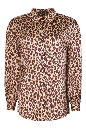 Leopard Print Satin Oversized Shirt | boohoo brown