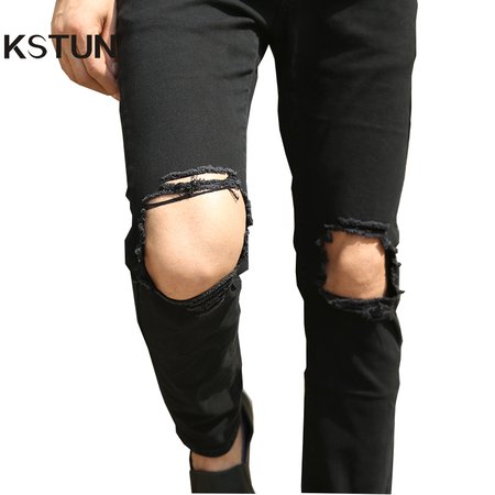 KSTUN-2018-Summer-Ripped-Jeans-for-Men-Solid-Black-High-Stretch-Cotton-Elastic-Knee-Broken-Holes.jpg (800×800)