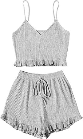 Grey Avanova Women's Pajama Set Ruffle Trim Cami Top and Shorts 2 Piece Sleepwear Set at Amazon Women’s Clothing store