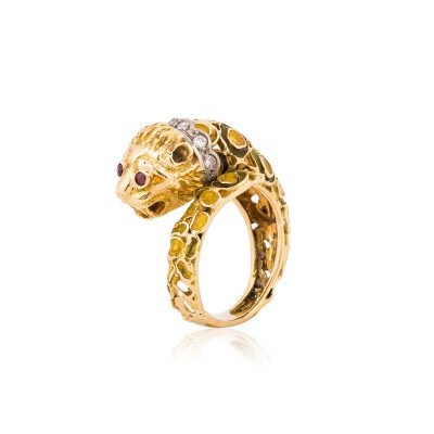 18K Yellow Gold LaLaounis Enameled Lion Ring with Diamonds & Ruby Eyes