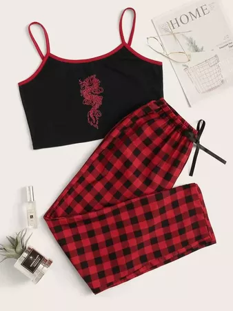 Dragon Print Cami Top With Buffalo Plaid Pants PJ Set | SHEIN USA