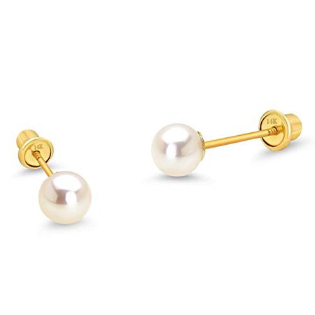 Amazon.com: 14k Yellow Gold Simulated Pearl Children Screw Back Baby Girls Earrings 4mm: Jewelry
