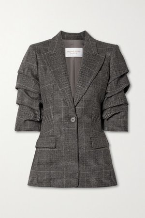 Gathered Houndsooth Wool-blend Blazer - Dark gray