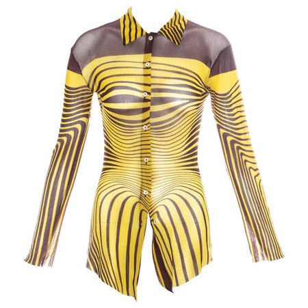Jean Paul Gaultier yellow optical illusion printed mesh shirt, ss 1996 For Sale at 1stdibs