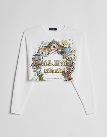 Printed cropped T-shirt - Tees and Tops - Woman | Bershka white