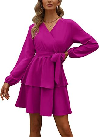 Amazon.com: OFEEFAN Womens Long Sleeve V Neck Dress Double Layer Ruffle Hem Puff Sleeves Waist Tie Fall Dress : Clothing, Shoes & Jewelry