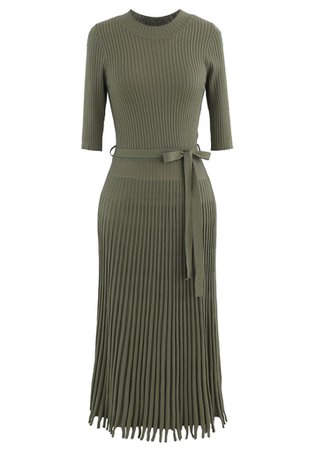 Mock Neck Fringed Hem Ribbed Knit Midi Dress in Army Green - Retro, Indie and Unique Fashion