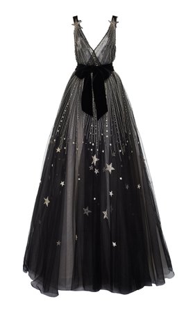 V-Neck Star Embellished Gown With Velvet Bow Belt by Monique Lhuillier | Moda Operandi