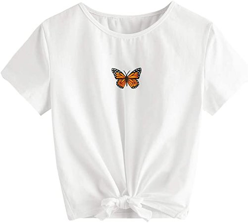 Amazon.com: Romwe Girl's Casual Butterfly Print Short Sleeve Tie Knot Front T Shirt Tee Tops: Clothing, Shoes & Jewelry