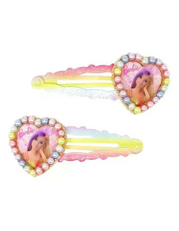 Pink Poppy Barbie Rainbow Fantasy Glitter Snap Clips With Pearl Heart Pendant In Multi | MYER