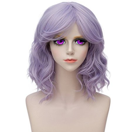 Alacos Fashion 35cm Short Curly Bob Anime Cosplay Wig Daily Party Christmas Halloween Synthetic Heat Resistant Wig for Women +Free Wig Cap (Silver Purple)