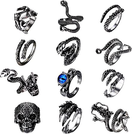 *clipped by @luci-her* FIBO STEEL 12 Pcs Vintage Punk Rings Octopus Dragon Snake Ring for Men Women Adjustable Cool Gothic Ring Set Jewelry|Amazon.com
