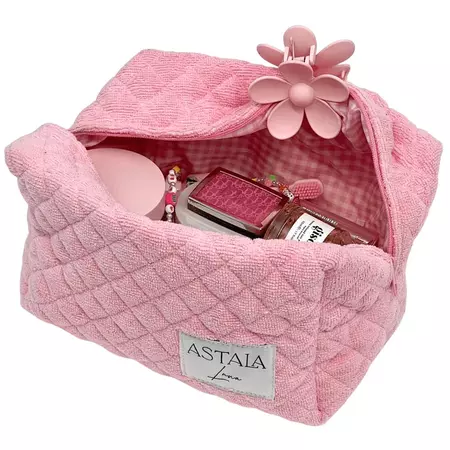 Aura | Pink Terry + Gingham Quilted Bag | Make Up Bag | Skincare Bag