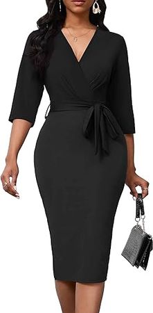 Runwind Women's Work Pencil Dress Wedding Guest Office Dresses Cocktail Party 3/4 Sleeves with V-Neckline at Amazon Women’s Clothing store