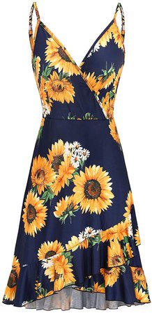 ULTRANICE Womens Summer Floral Wrap V Neck Adjustable Spaghetti Ruffle Dress(Floral-32, S) at Amazon Women’s Clothing store