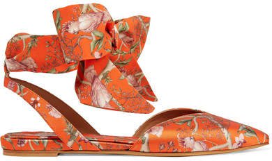 Johanna Ortiz Vera Printed Silk-satin And Crepe De Chine Point-toe Flats - Orange