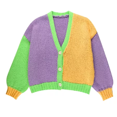 Color Block Knit Cardigan Chunky Lilac & Yellow & Green V-neck Button Up Crop Sweater Y2k 90s Aesthetic Clothes - Cardigan - AliExpress