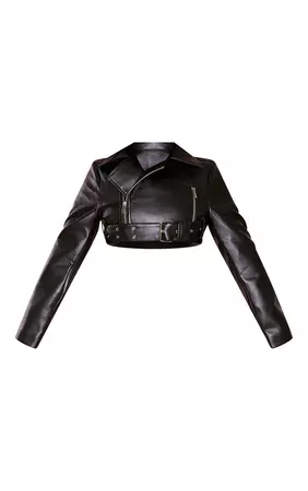 Petite Black Pu Super Cropped Belted Biker Jacket | PrettyLittleThing