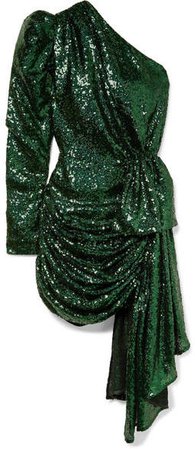 One-sleeve Draped Sequined Tulle Mini Dress - Green
