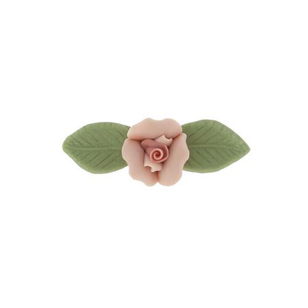 1928 Jewelry Pink Genuine Porcelain Rose and Green Leaf 14K Gold-Dipped Bar Pin