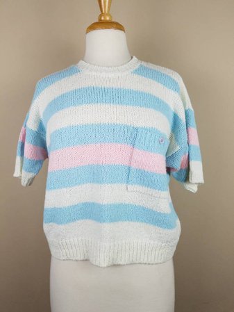 1980s short sleeve sweater vintage large baby blue white pink | Etsy