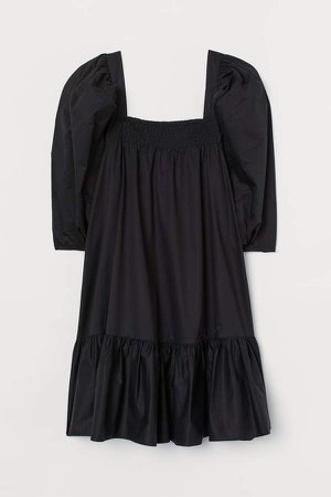 Puff-sleeved Cotton Dress - Black